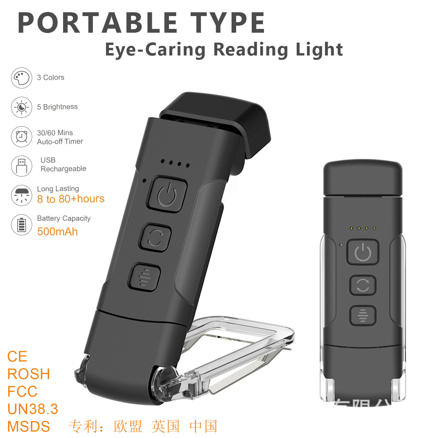 Luz de clip USB portátil para lectura, lámpara mini LED protector de ojos, marcador tipo tarjeta