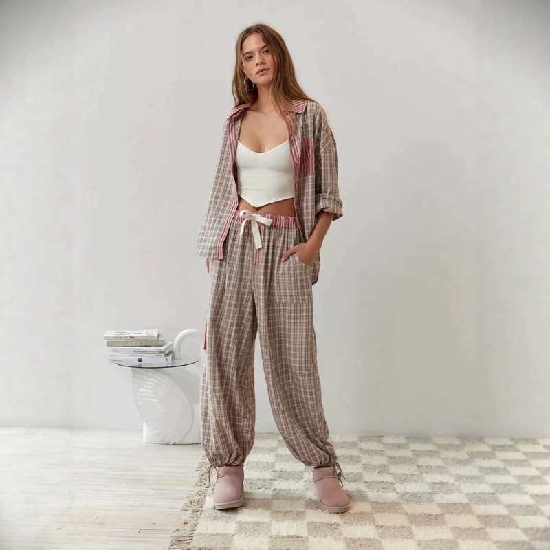 2023 New Autumn Amazon AliExpress Women's Casual Home Wear Plaid Shirt Set Pajamas Long Sleeve