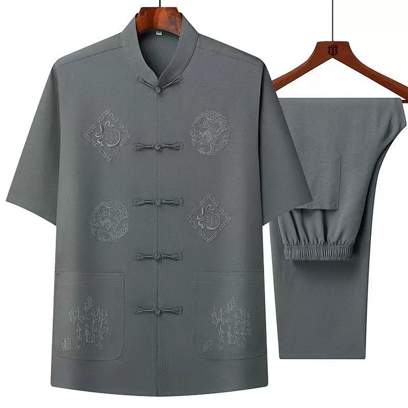 Мужской летний костюм для папы среднего и пожилого возраста с короткими рукавами в китайском стиле Fu с персонажем Yuanlong, летний костюм дедушки Тан
