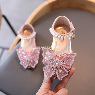 Girls' Leather Shoes 2022 New Spring and Summer Girls' Crystal Princess Shoes Baby Shoes Small, Medium and Large Children's Bow Casual Shoes