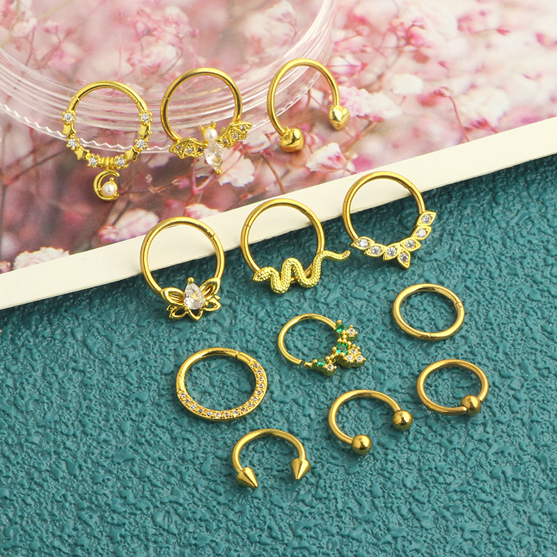 12Pcs Stainless Steel Open Nose Ring Set European American Bat Zircon Earrings Nose Stud Piercing Jewelry detail image 13