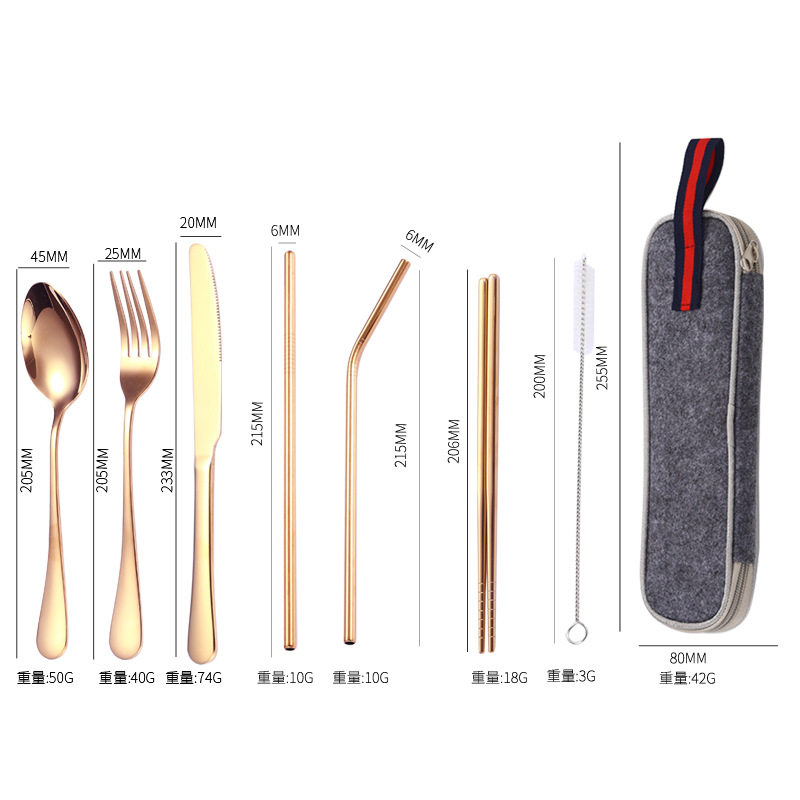 Amazon producto caliente de acero inoxidable vajilla paja traje 1010 cuchillo de comida occidental, tenedor y cuchara de paja portátil de 7 piezas conjunto