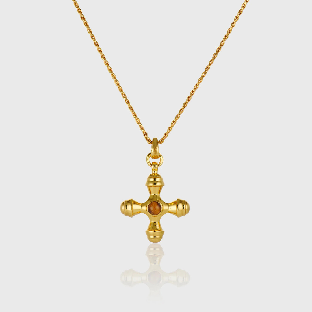 Ig Style Cool Style Cross Copper Plating Inlay Tiger Eye 18k Gold Plated Pendant Necklace display picture 4