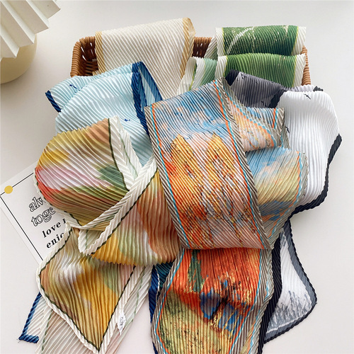 Folded long small silk scarf for women summer thin Korean style versatile decorative scarf long tied bag professional scarf