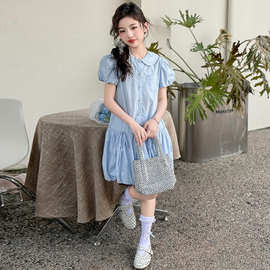女童2025年夏季新款娃娃领蓬蓬裙中大童简约风polo裙泡泡袖公主裙