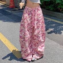 甜酷高街嘻哈长裤春秋韩系卡哇伊少女心粉色系迷彩抽绳腰休闲裤