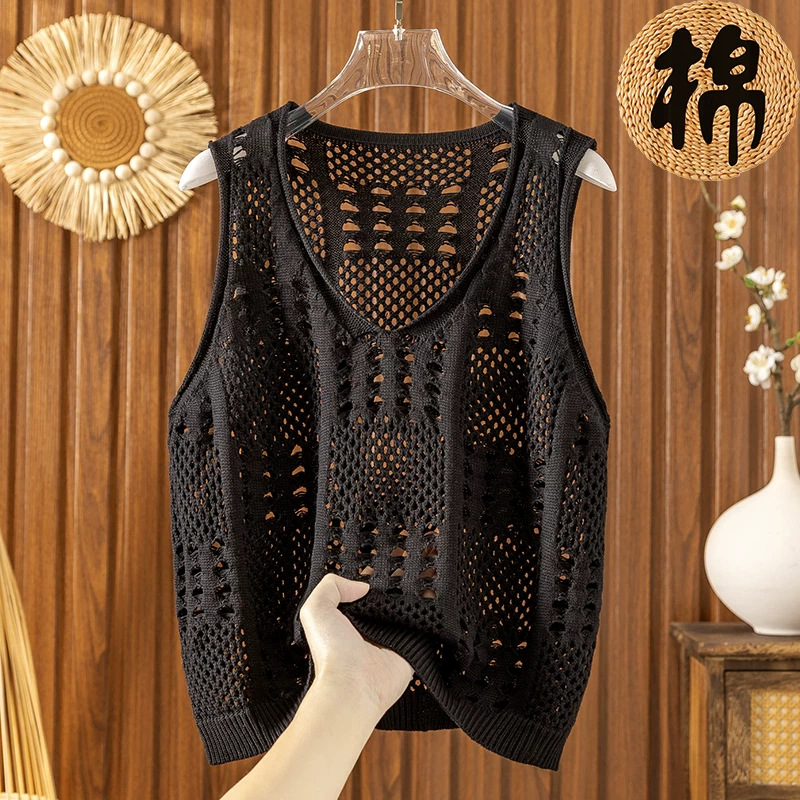 Loose V-neck square openwork knitted vest for women, plus size, spring and autumn, pullover vest, layered tank top, fashionable camisole