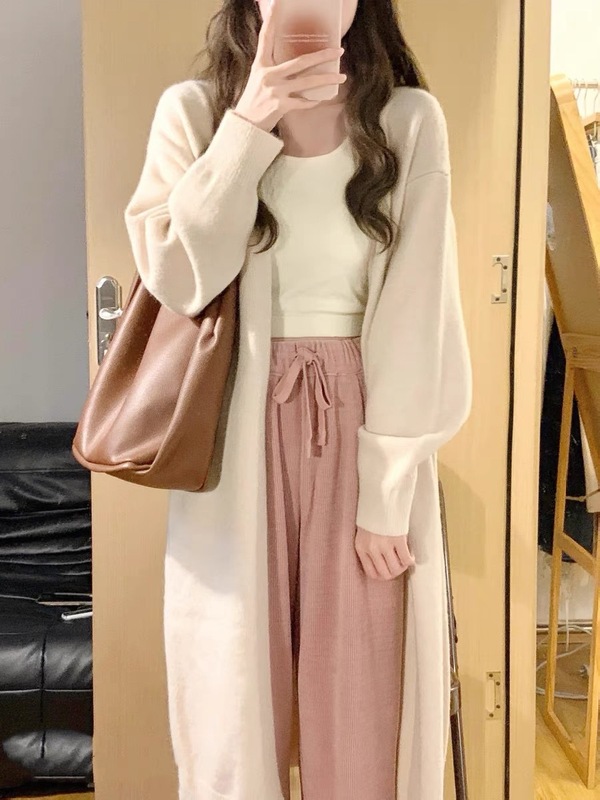 灰色中长款过膝毛衣外套女春秋冬季慵懒风百搭针织衫开衫大衣|undefined