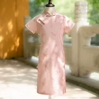 Розовое платье Cheongsam для девочек, новинка 2025 года, классическое летнее детское платье для учащихся начальной школы в китайском стиле, элегантное платье Республики Китай