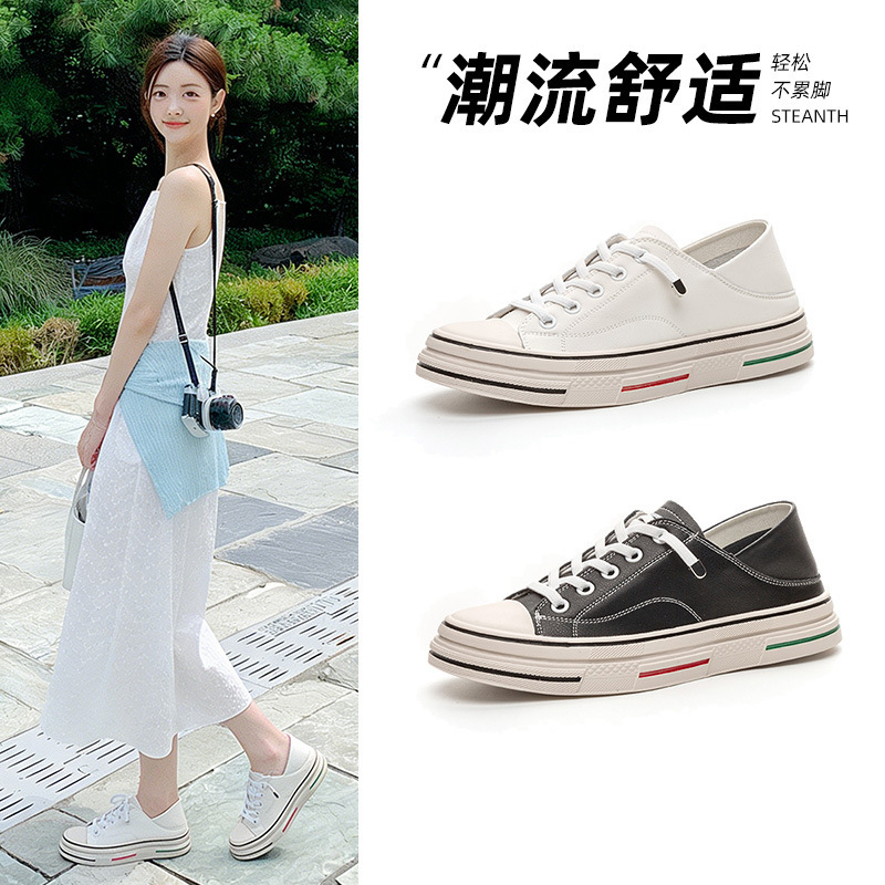 Flat Two-Way Wear White Sneakers for Women, Spring 2026, Slip-On Low-Top Soft Sole Leather Sports Casual Shoes