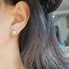 8-9mm天然海水真多麻银灰色炫蓝时尚精品耳环赠S925纯银耳针一对