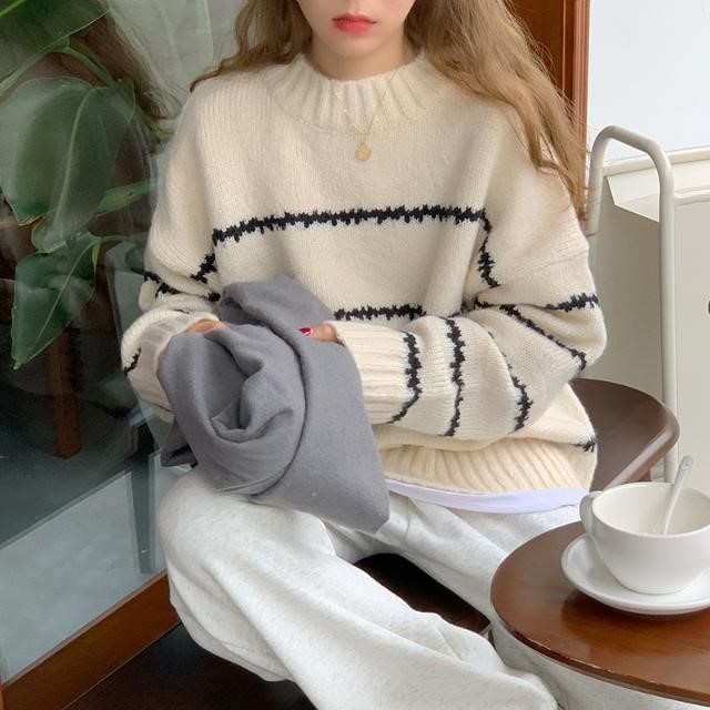 레트로 일본식 여유로운 루즈핏 스웨터 여성용 가을 겨울 2026 신상 긴팔 스트라이프 반하이넥 니트웨어