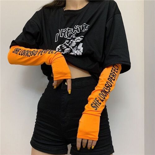 Sun protection hand sleeves arm gloves women's thin ice silk sleeves men's ice sleeves ins orange letters summer internet celebrity trend
