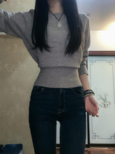 2025新款韩系短款灰色针织衫毛衣女秋冬季修身内搭打底衫掐腰上衣