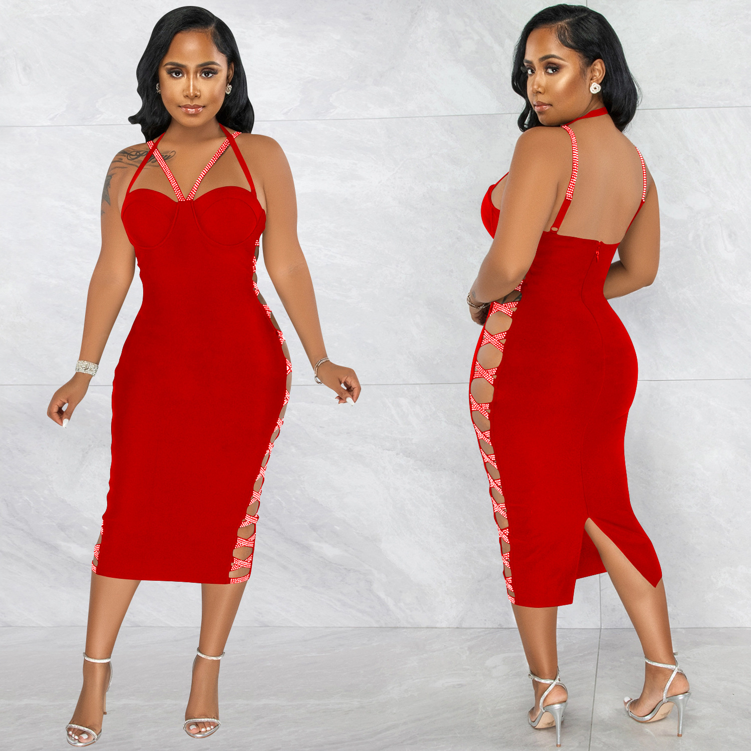 X5657 transfronteriza nueva AliExpress Ebay color sólido sexy Sling Hollow zipper vestido partido vestido de las mujeres image 3