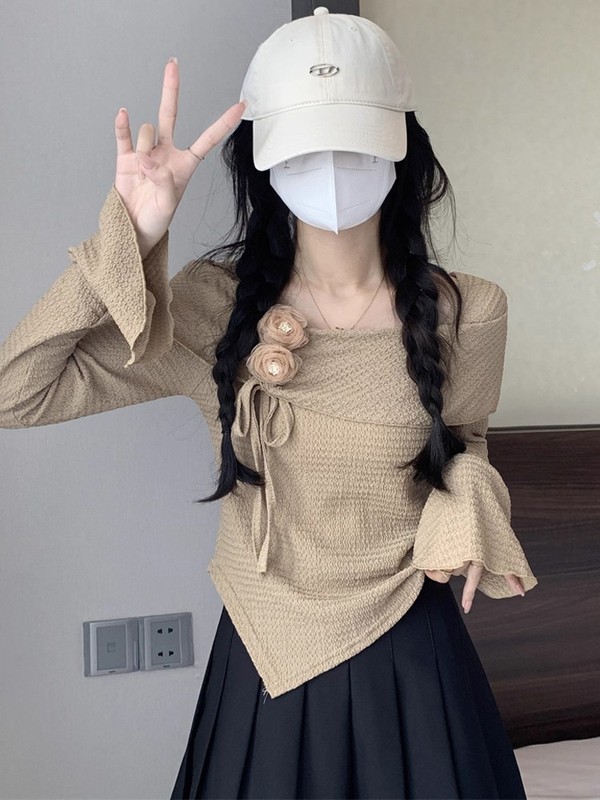 新款设计感一字肩喇叭袖T恤女秋季不规则独特漂亮减龄款上衣ins潮|undefined