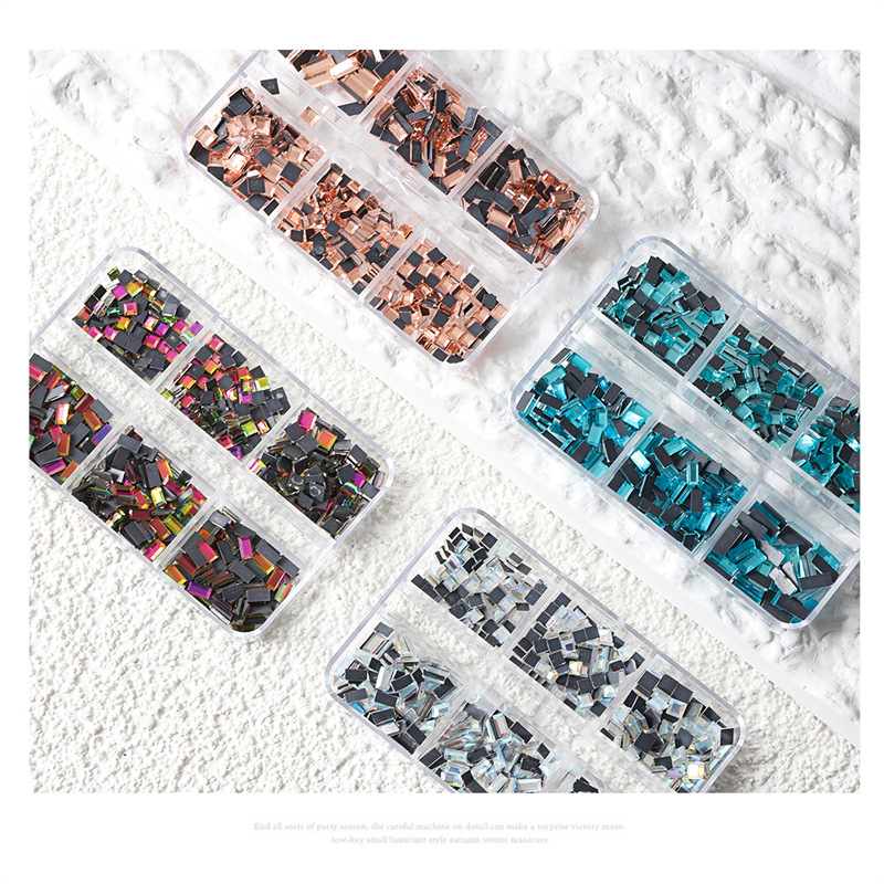 Nueva celebridad de Internet de uñas de diamante plano Super Flash espejo especial en forma de diamante mezclado pequeño diamante AB cuadrado transparente 6 traje de rejilla