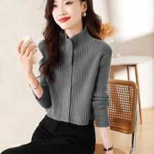 半高领气质温柔针织开衫女秋冬短款纯色百搭修身显瘦毛衣外套