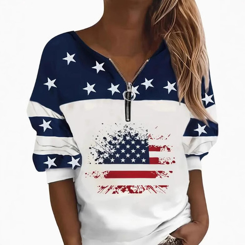 Independent Station European and American women's clothing spring and autumn trend casual national flag sweatshirt half zipper sweaters wholesale