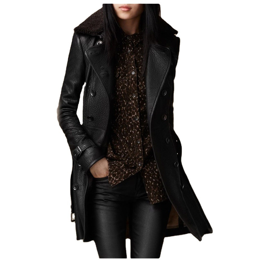 2023 Foreign Trade Amazon British Women's Fur Collar Leather Jacket Mid-Length Motorcycle Thickened Leather Jacket Slim Fit Jacket