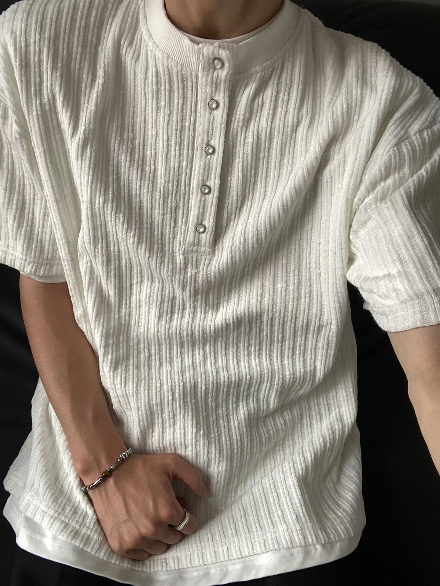 Herren Henley Shirt Waffelstruktur Langarm Button Pullover_voghion.com