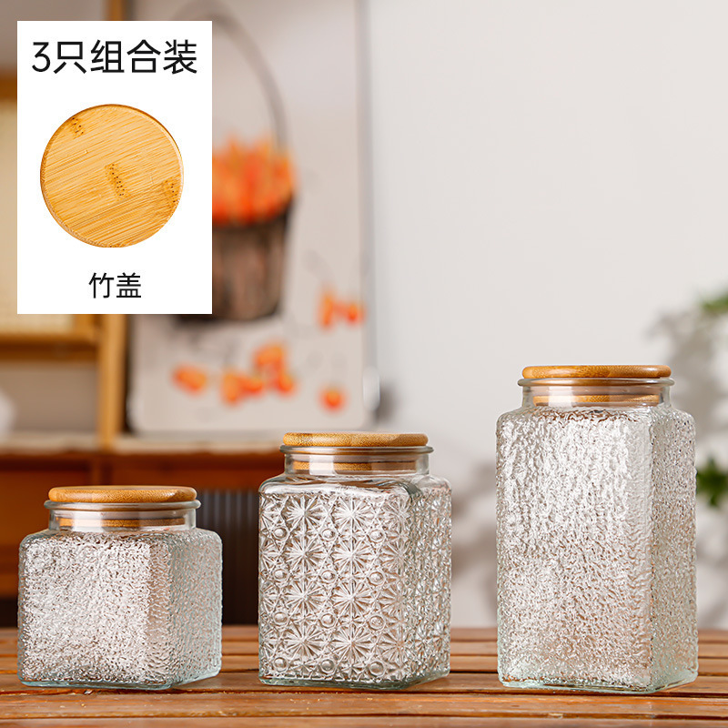 Hogar vintage Begonia flor realzada snack caramelo almacenamiento tarro bambú cubierta americana cocina transparente vidrio sellado frasco