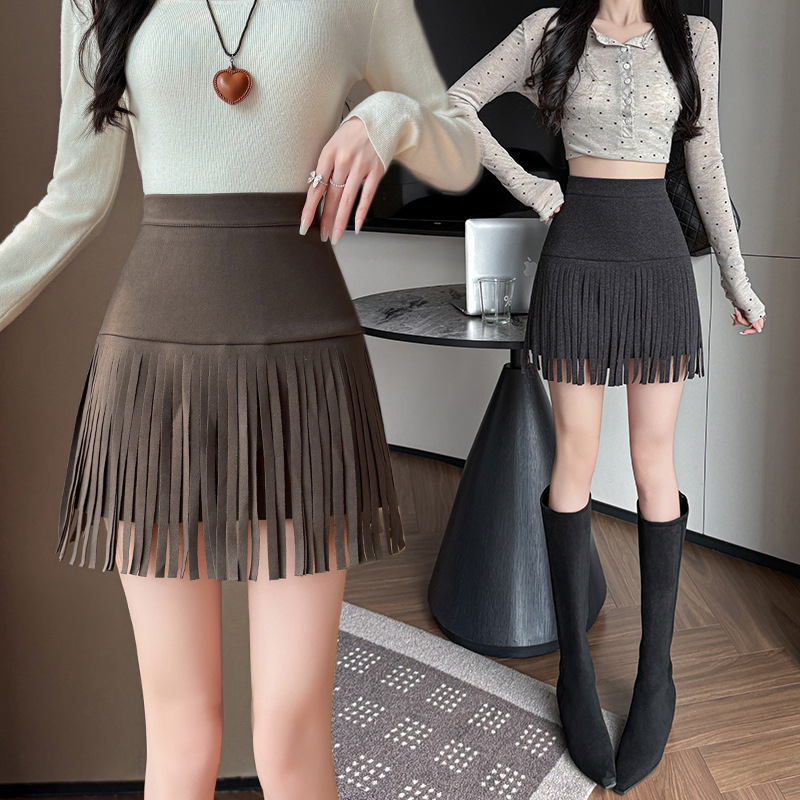 麂皮显瘦高腰百褶流苏防走光百搭冬季半身短裙短裤女