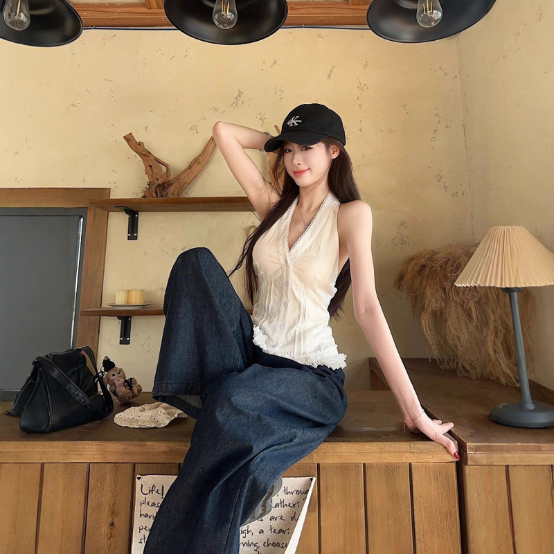 纯欲风蕾丝花边白色V领挂脖上衣夏小众设计感收腰无袖吊带背心女|undefined