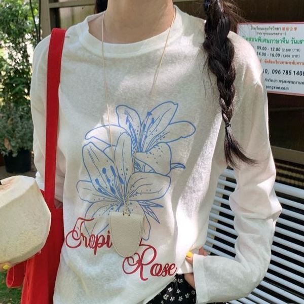Loose Sun-Protective Cover-Up Round Neck Long-Sleeve Women's T-Shirt Summer New Style Printed Korean Style Lazy Style Slightly Sheer Cover-Up Trendy Ins Loose Sun-Protective Cover-Up Round Neck Long-Sleeve Women's T-Shirt Summer New Style Printed Korean Style Lazy Style Slightly Sheer Cover-Up Trendy Ins