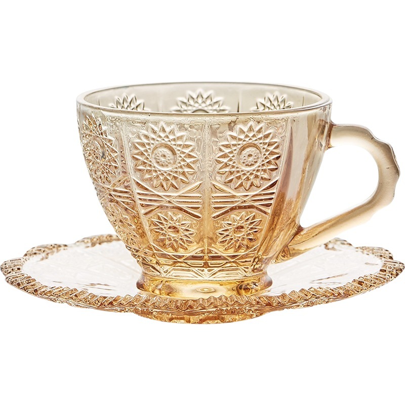 Estilo nórdico girasol vidrio en línea celebridad taza de café vintage en relieve taza platillo taza de té taza de desayuno al por mayor