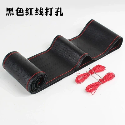 Steering wheel cover | Volkswagen Cowhide, Handmade Leather Cover, Non-Slip - full-piece-of-first-layer-calfskin-black-red-thread-perforated-38cm