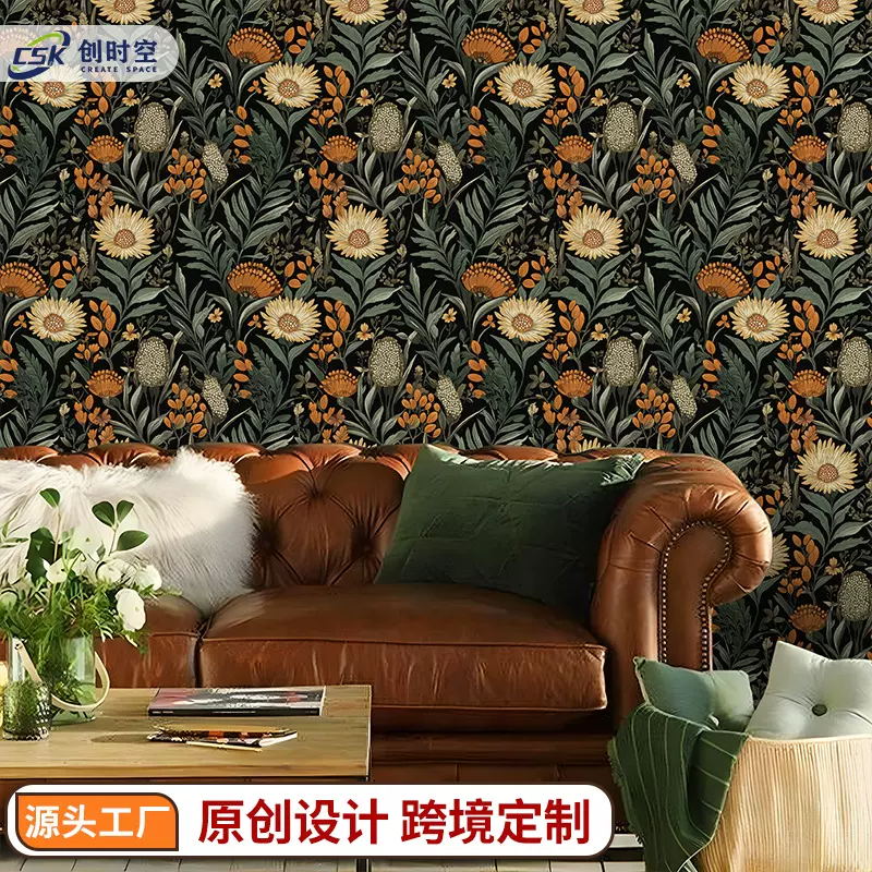 法式复古墙面自粘墙纸植物花卉pvc壁纸宿舍卧室改色贴纸wallpaper