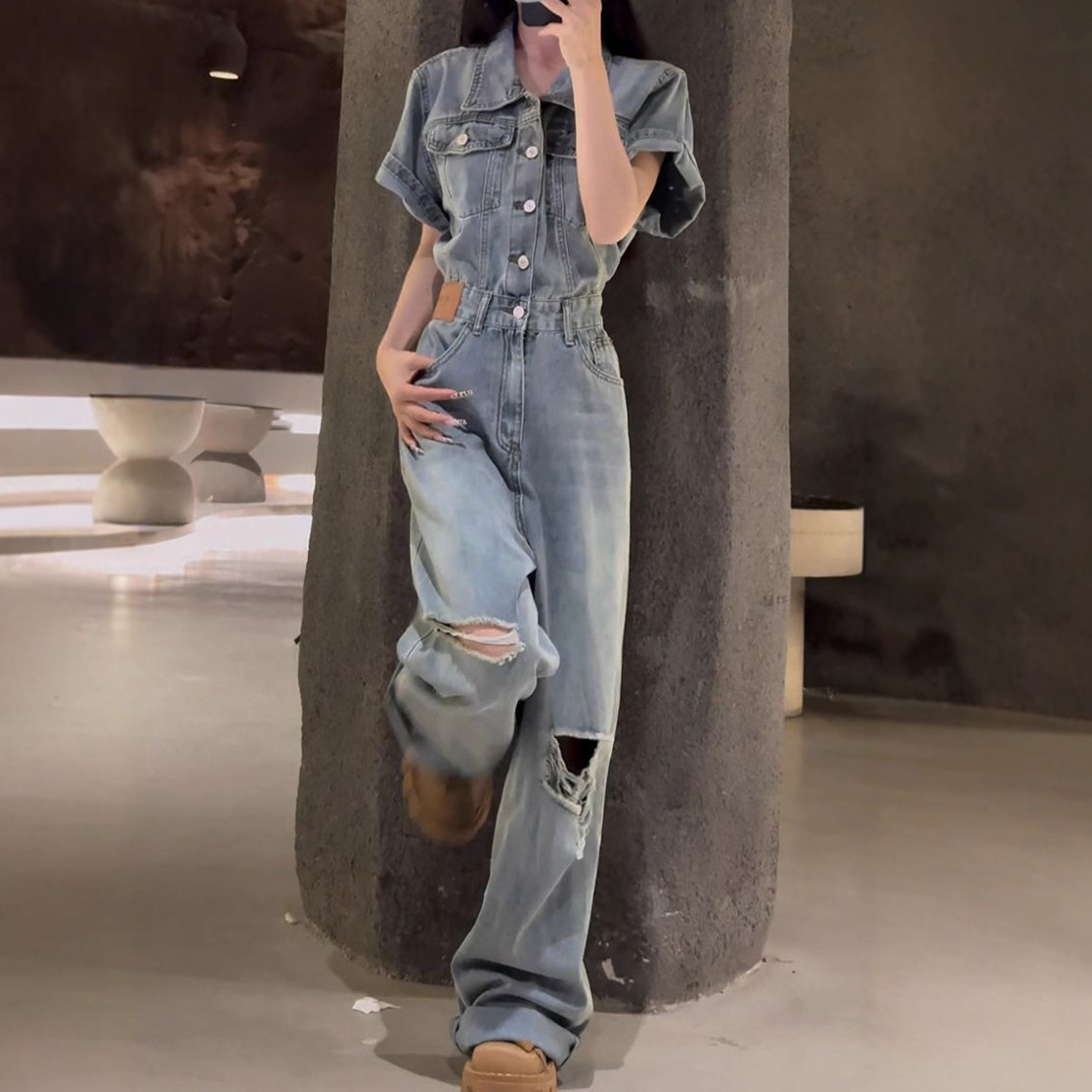 American Retro Raw Edge Short-Sleeved Jumpsuit Women's Summer Design Ripped Waist Denim Jumpsuit Floor-Length Pants