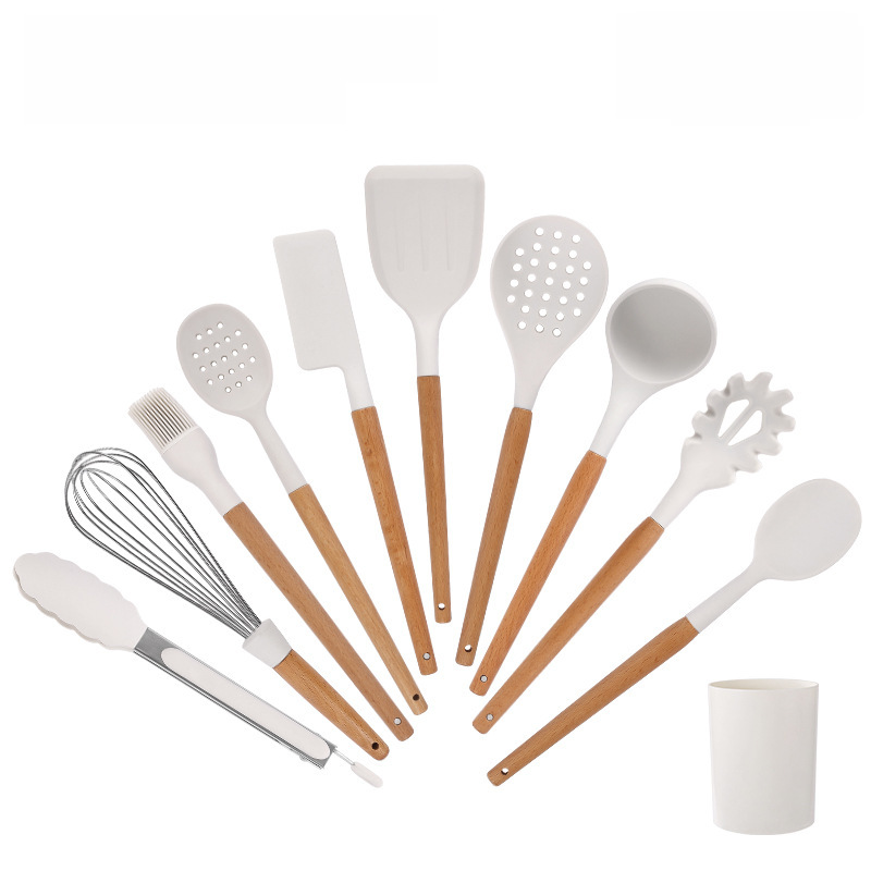 奶白色木柄硅膠廚具套裝10件套廚房工具不粘鍋鏟湯勺 kitchen set