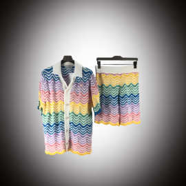 跨境ca男式休闲套装羊毛针织短袖衬衫短裤拼色波浪珍珠纽扣百搭款