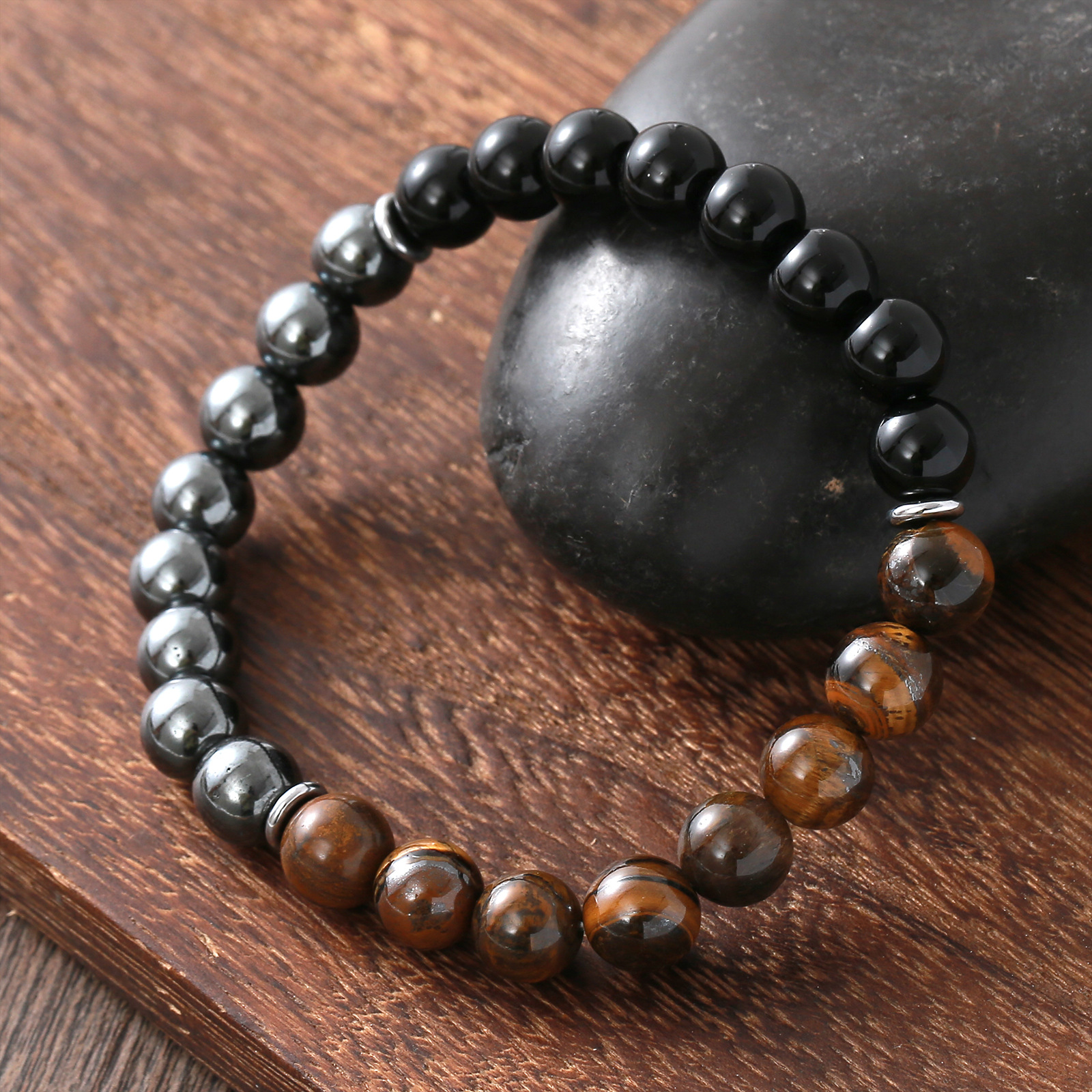 Cross-border TK Herrenarmband aus schwarzem Gallenstein, gelbem Tigerauge und Obsidian mit glattem, elastischem Design_voghion.com