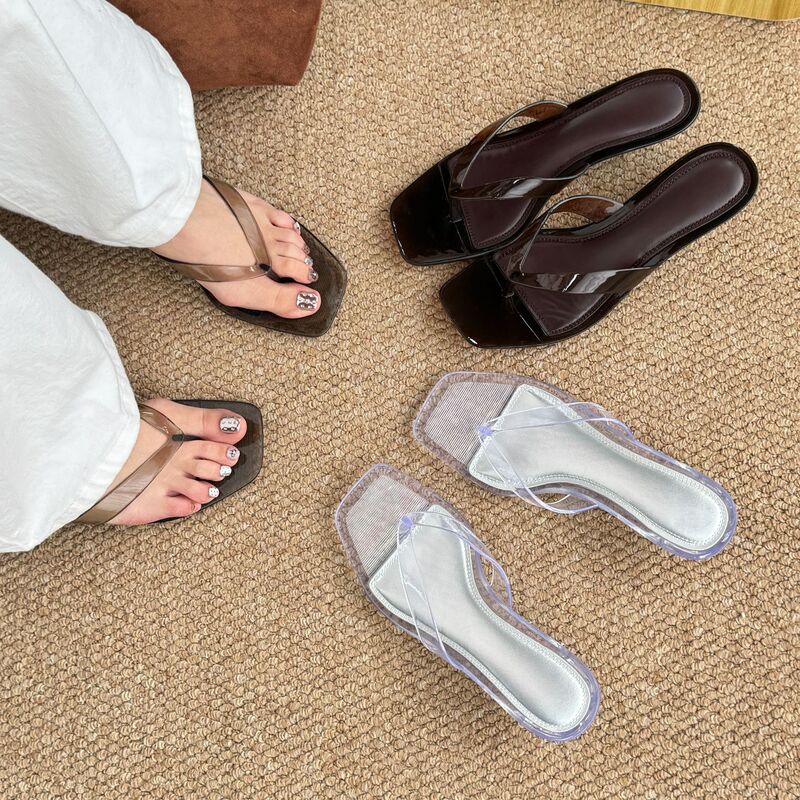 European and American Style Square-Toe Jelly Flip-Flops, Summer Wine Glass Heel Transparent Crystal Shoes, Beach Thong Sandals for Women