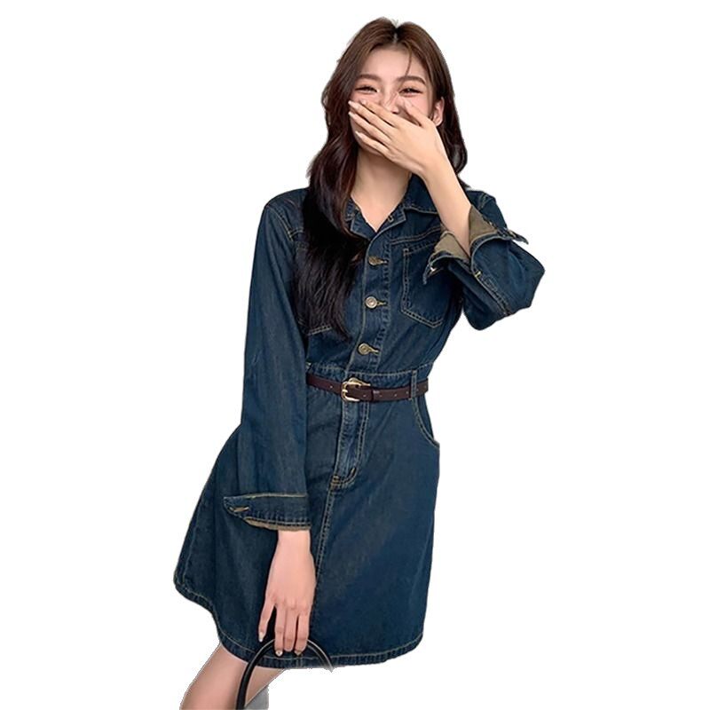 Đầm denim nữ dáng chữ A cổ polo tay dài chiết eo phong cách retro — Váy ngắn denim xanh