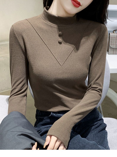 1*1 ribbed double-sided plush half-neck women's long-sleeved top autumn and winter slim fit inner layer velvety warm sweater