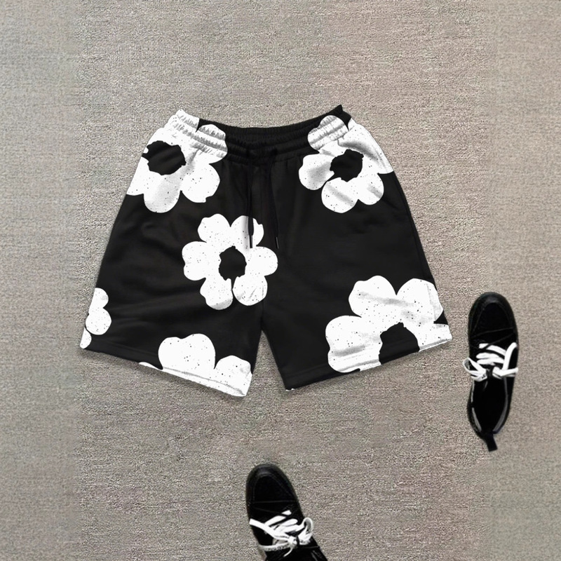 Cross-Border Men's Summer Black and White Floral Print Shorts Casual Sports Pants New Versatile Spring and Summer Short-Sleeve Wholesale