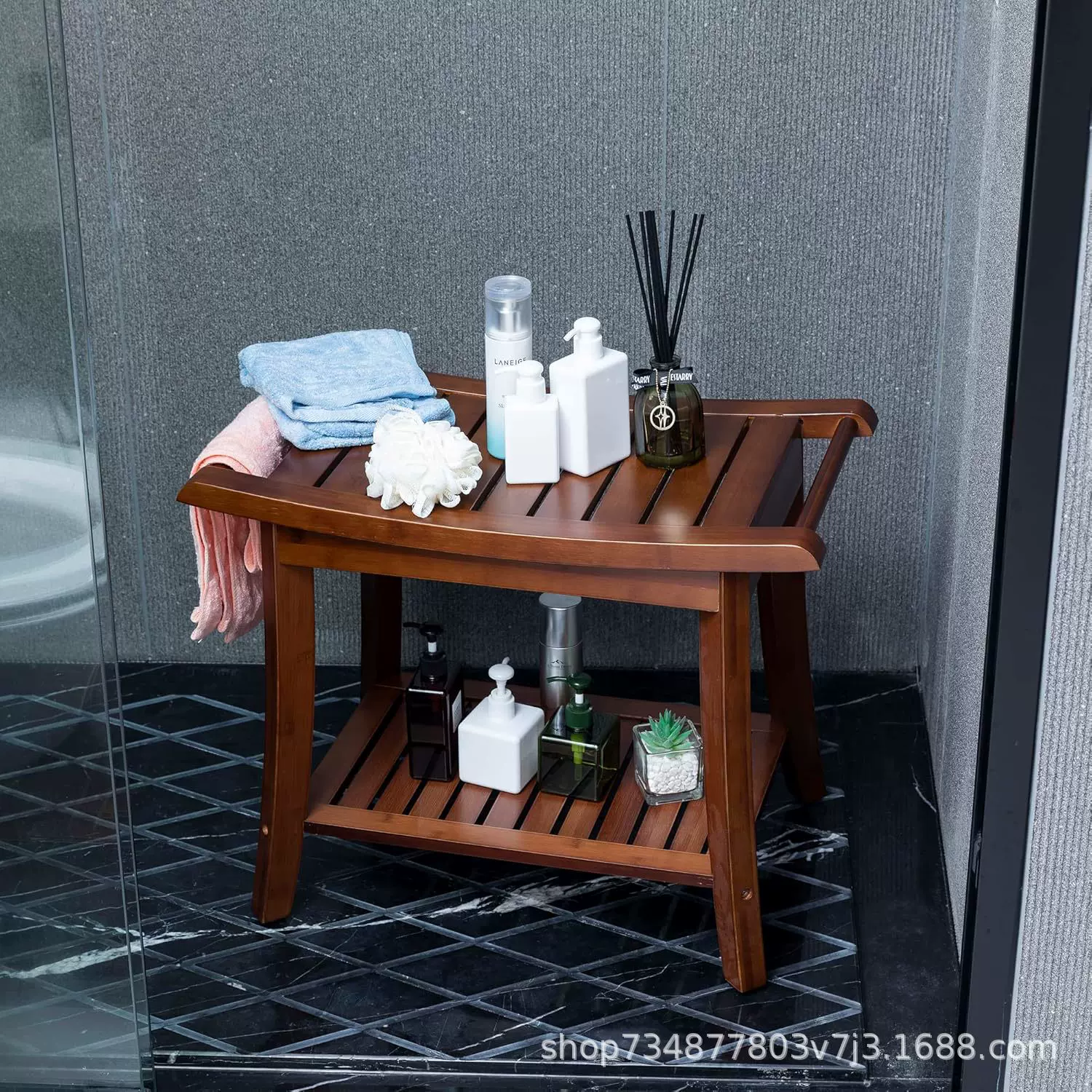 竹制淋浴凳长椅带储物架防水防滑淋浴椅水疗浴室沐浴凳客厅换鞋凳