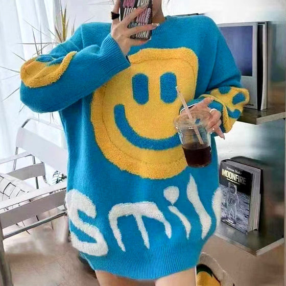 Japanese Retro Three-dimensional Smiley Loose Sweater Women's 2024 Autumn and Winter Outer Wear Lazy Style Soft Waxy Knitted Shirt Top
