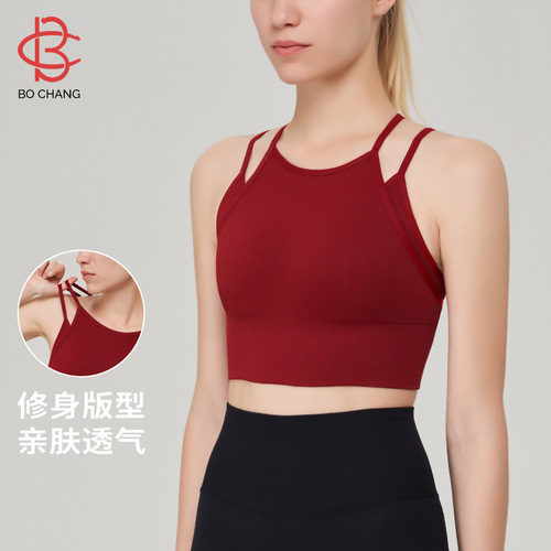 Outdoor sports high-intensity fitness vest women's breathable sweat-absorbent fake two-piece underwear shock-proof back-beautiful yoga bra