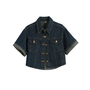 Summer Korean style chic Hong Kong style retro short short lapel loose Denim coat short sleeve shirt top for women