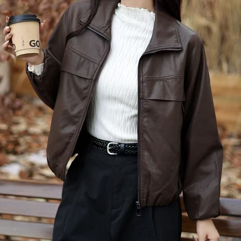 2025 New Autumn Leather Jacket Women's Short Motorcycle Jacket Casual Loose Slim Zipper Leather Jacket