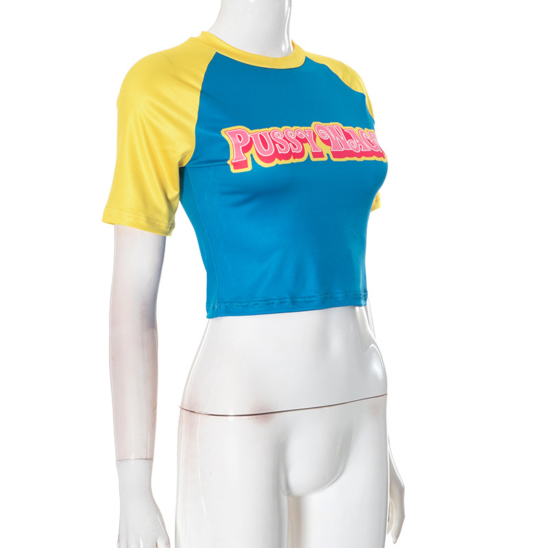 Women Letter Graphic Print Contrast Color round Neck Pullover Sexy Short Cropped Top T shirt
