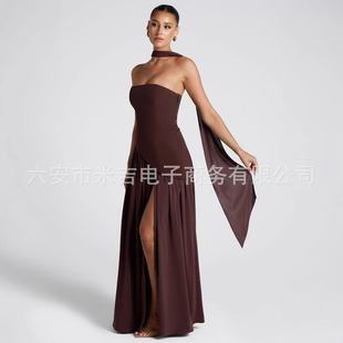 2025 European and American Cross-Border Women's Clothing Tube Top Pure Color Slit Dress Fashionable Sexy Backless Accessible Luxury Niche Evening Dress