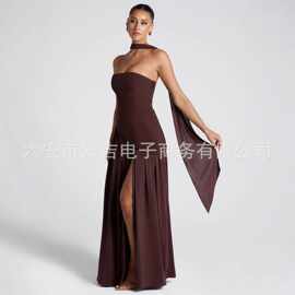 2025欧美跨境女装抹胸纯色开叉连衣裙时尚性感露背轻奢小众晚礼服