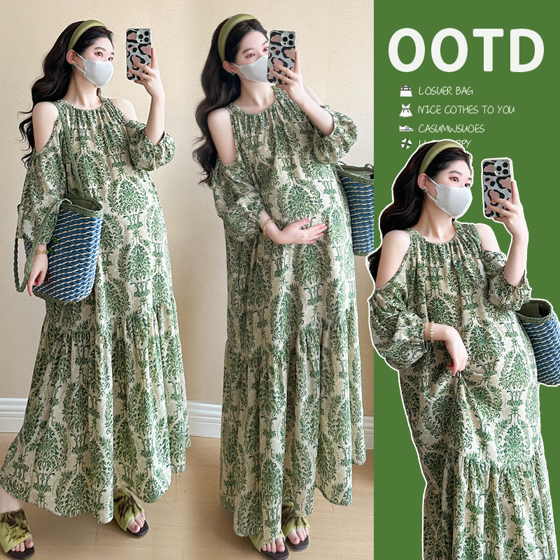 Real Shot French Green Floral Shoulder dress New Style Lazy Holiday Style Mori Style Pregnant Women's Dress