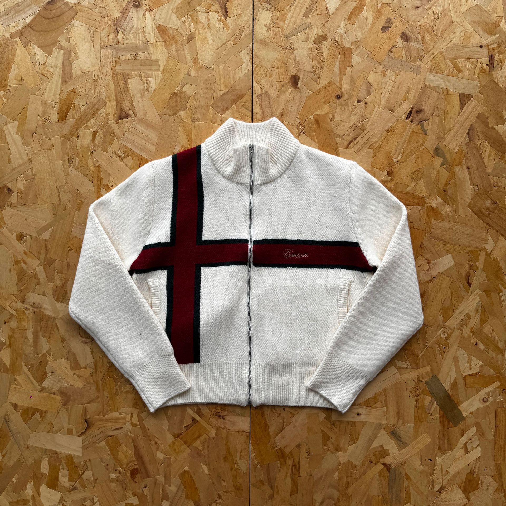 Corteiz Zip Sweater Embroidered Cross Cream